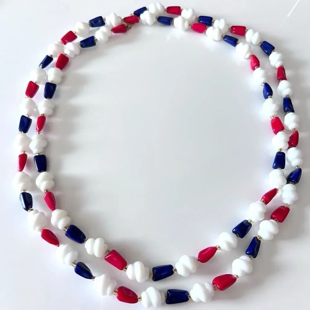 Vintage Red White & Blue Long Beaded Necklace